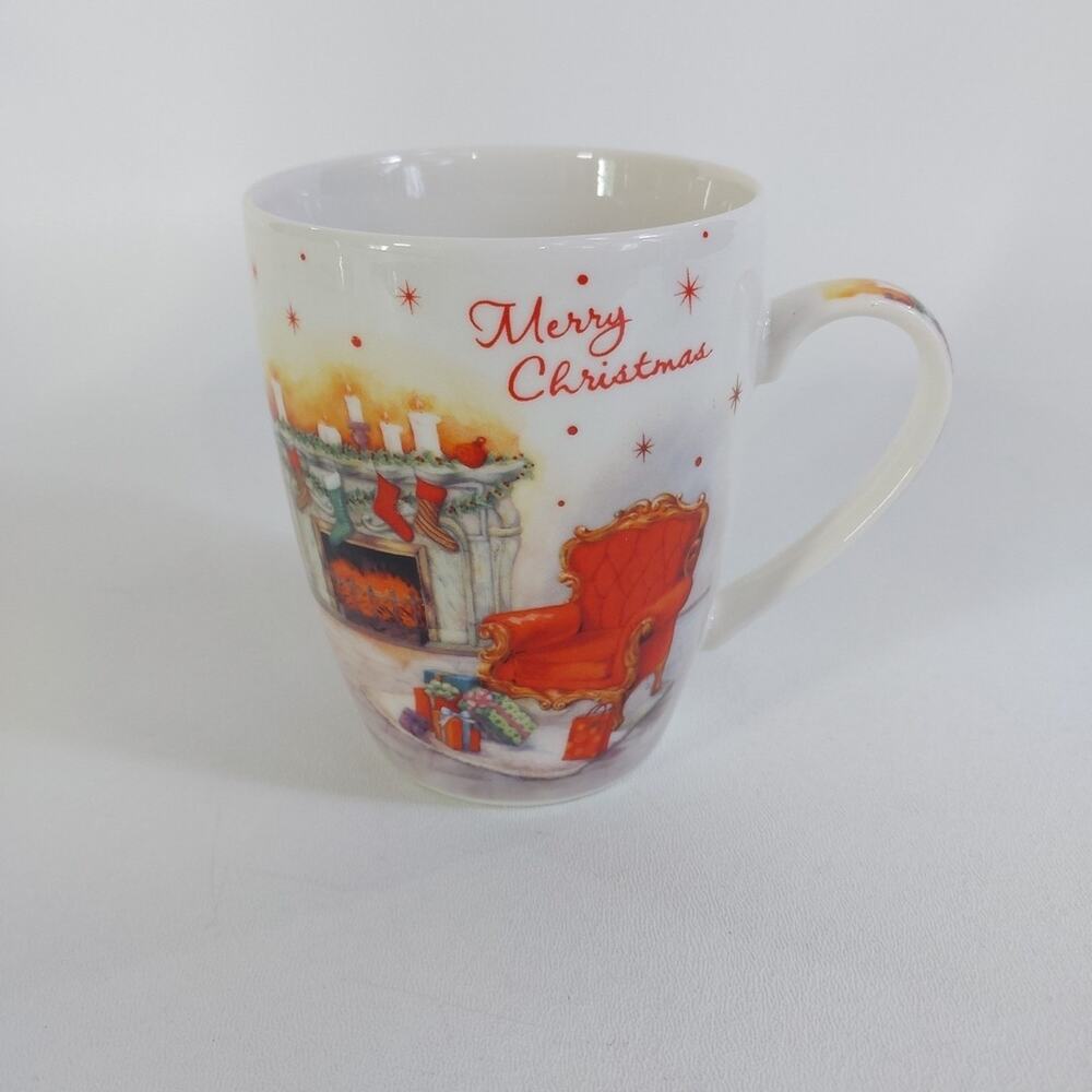VTG All For You Holiday Coffee‎ Cup Mug Fireplace Stockings USA